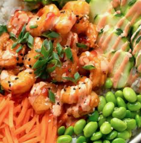 August 10th:  Shrimp Rice Bowl with Fresh Vegetables and Spicy Tangy Bang Bang Sauce