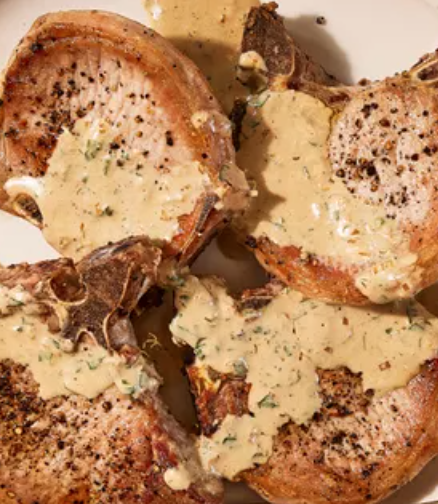 February 18th: Pork Chops with Creamy Mustard Sauce (on the side), Broccoli, and Roasted Potatoes