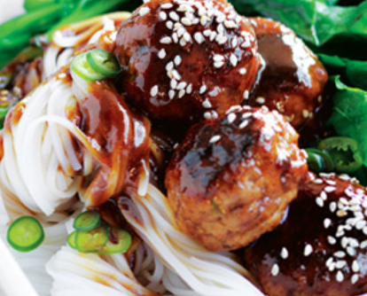March 24th: Pork Meatballs, Hoisin Sauce, Garlic Rice Noodles, and Broccoli