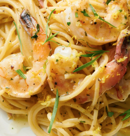 July 31st: Fresh Pasta with Garlic Shrimp in Lemon Butter Sauce + Summer Salad with Fresh Berries and Toasted Walnuts