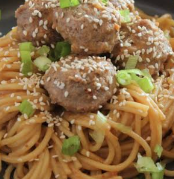 August 21st:  Pork Meatballs and Peanut Ginger Noodles with Cucumber, Scallions, and Basil