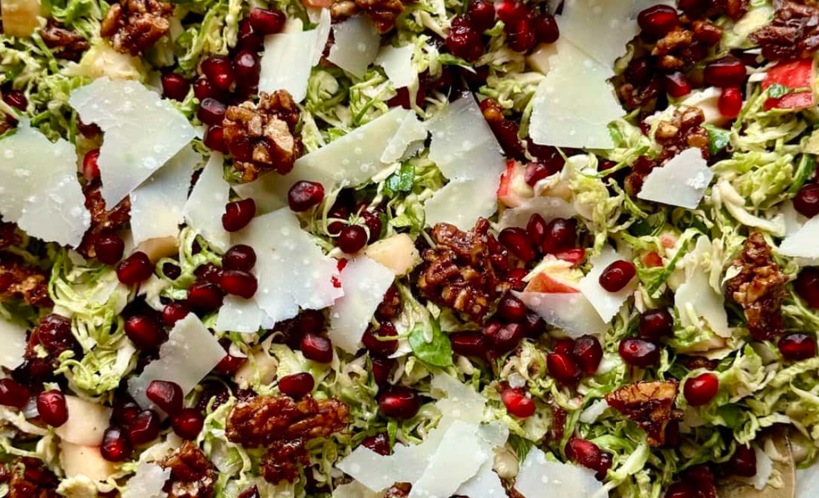 Brussel Sprout Salad with Candied Pecans, Apple, Dried Cranberries, Pomegranate, and Parmesan Cheese (on the side)