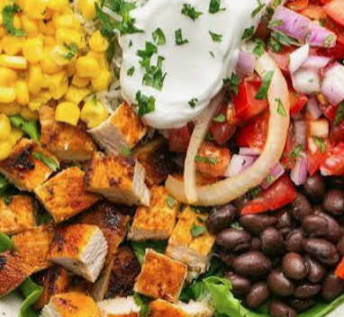 July 8th: Roasted Chicken Breast Burrito Bowl with Rice, Beans, Corn, Red Onion, Shredded Cabbage, Tomato, Cheese + Tangy Salsa Dressing