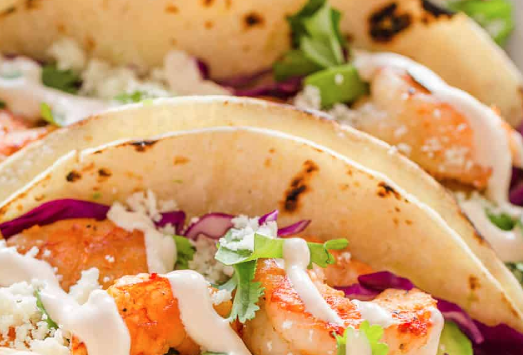 September 1st: Shrimp Tacos with Flour Tortillas, Pineapple Salsa, and Lime Crema; Black Beans, and Roasted Corn