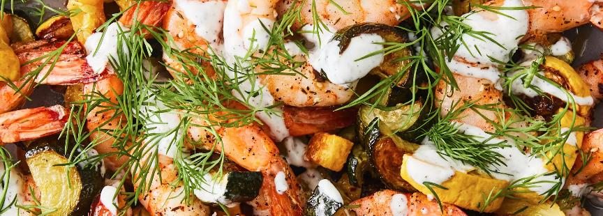 July 7th: Za’atar Roasted Shrimp and Summer Squash with Yogurt and Dill Drizzle + Farro with Wilted Spinach