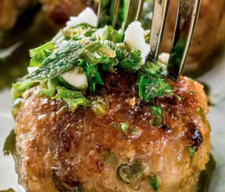 February 25th: Beef Meatballs with Fresh Chimichurri, Roasted Root Vegetables, and Egg Noodles