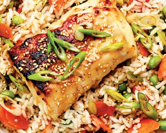 April 27th: Miso Cod Brown Rice Bowl with Crunchy Cabbage Slaw; and Ginger, Scallion, Tamari Sauce