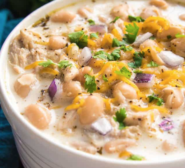 August 31st: White Chicken Chili with Cheese, Sour Cream, Scallions; and Cornbread