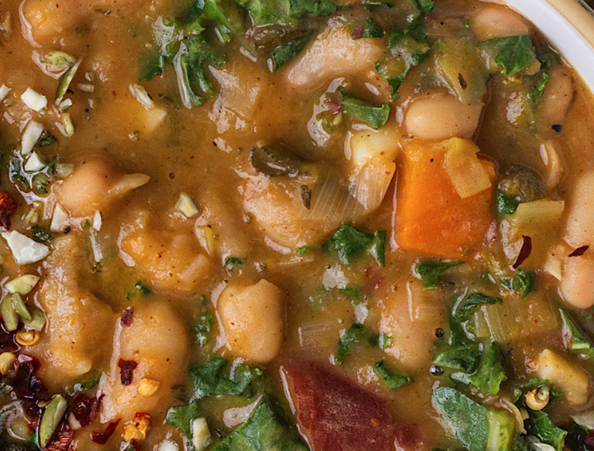 December 2nd: Hearty White Bean, Sweet Potato, Kale Soup with Chicken or Vegetarian Option