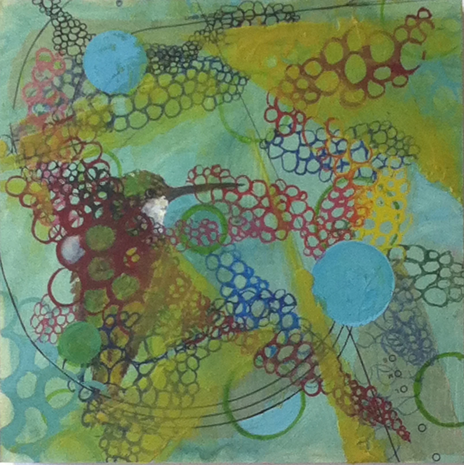   Hummingbird in Cosmos   Gouache &amp; encaustic on wood panel  12"x 12" x 2" 