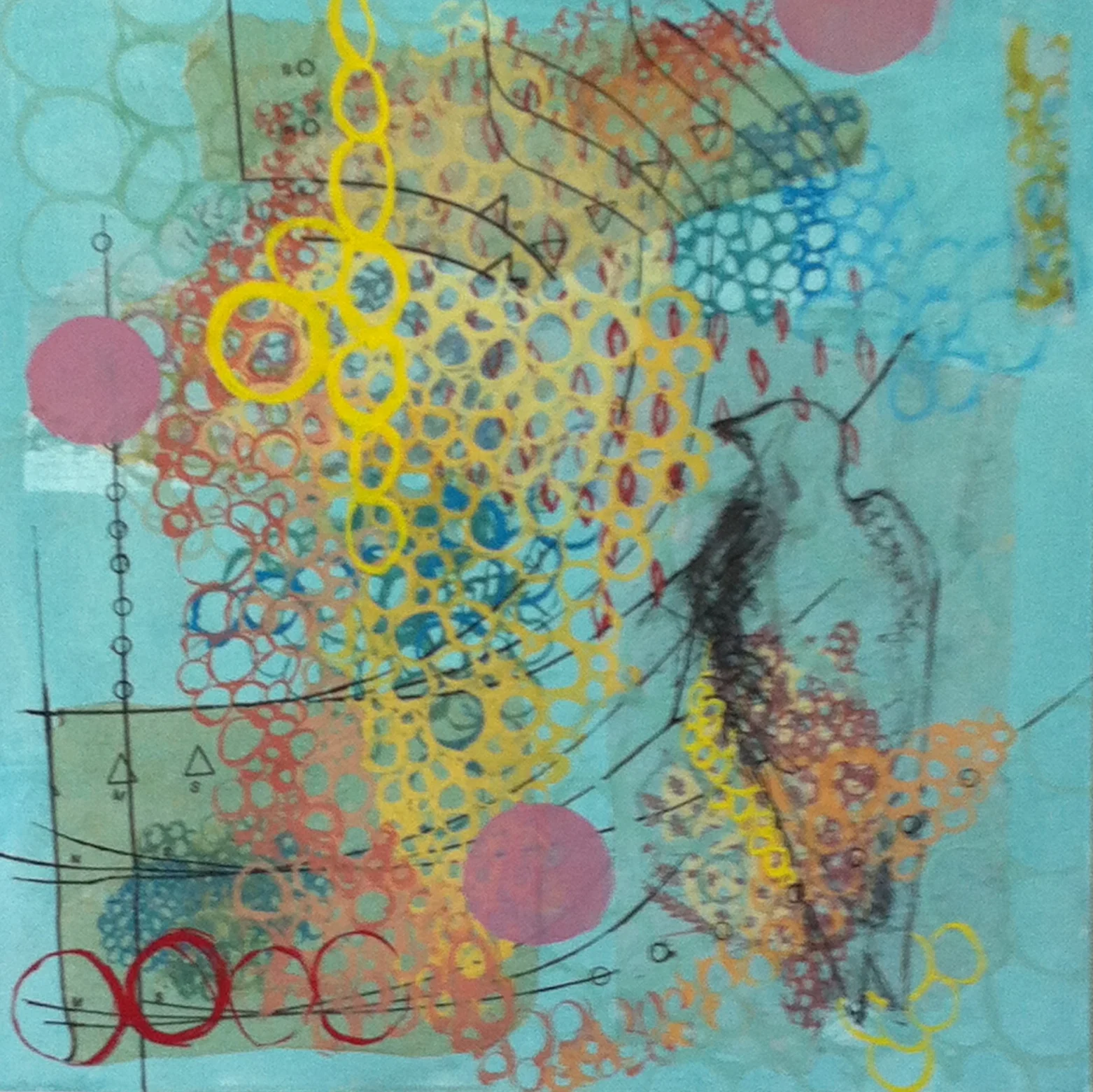   Dove in Cosmos   Gouache, mixed media &amp; encaustic  12"x 12"x 2"  SOLD 