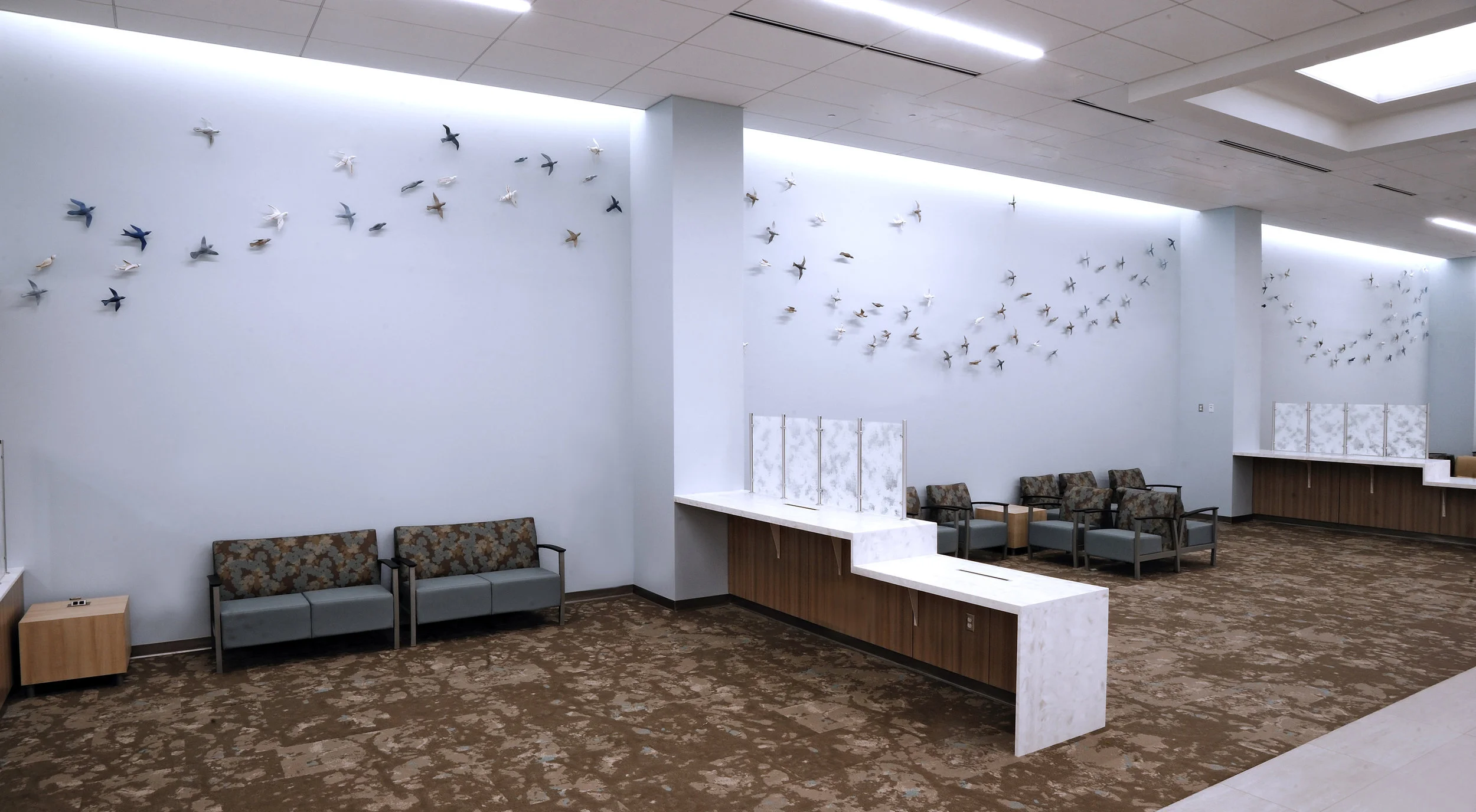Murmuration , 10’x74’, multiple clay birds across 3 walls. Photo by Gregory Staley.