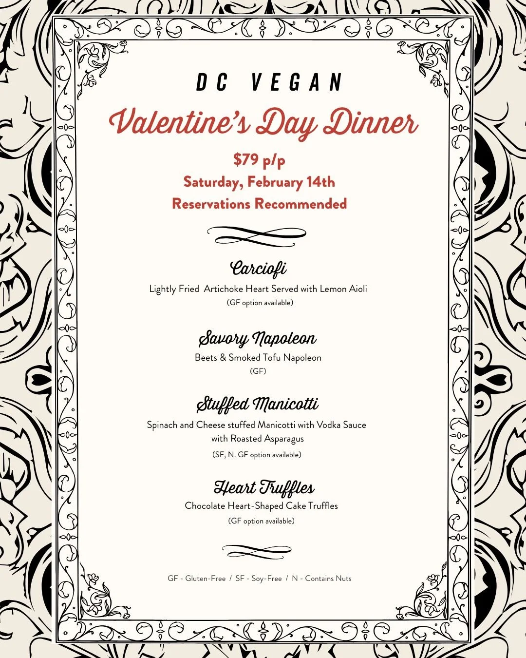 Black and red menu for Valentine's Day Dinner. Carciofi, Napoleon, Stuffed Manicotti,  Heart Truffles. Allergen warning key at the bottom. $79 per person on February 14th.