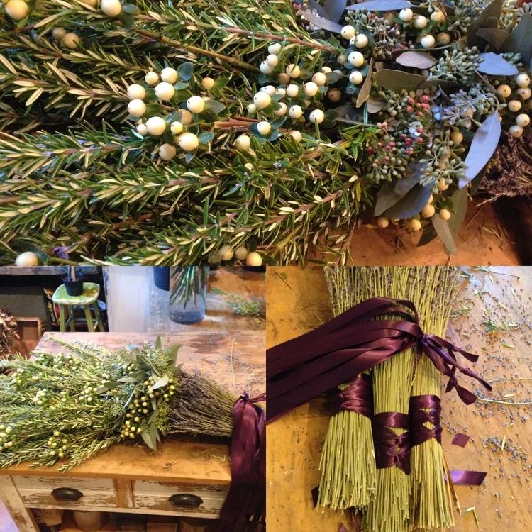 We like traditional casket sprays, but we love the alternatives--huge bundles and garlands of rosemary, lavender, and eucalyptus tied with biodegradeable silk ribbon, all thanks to the smart design team at Zuzu's Petals in Brooklyn.