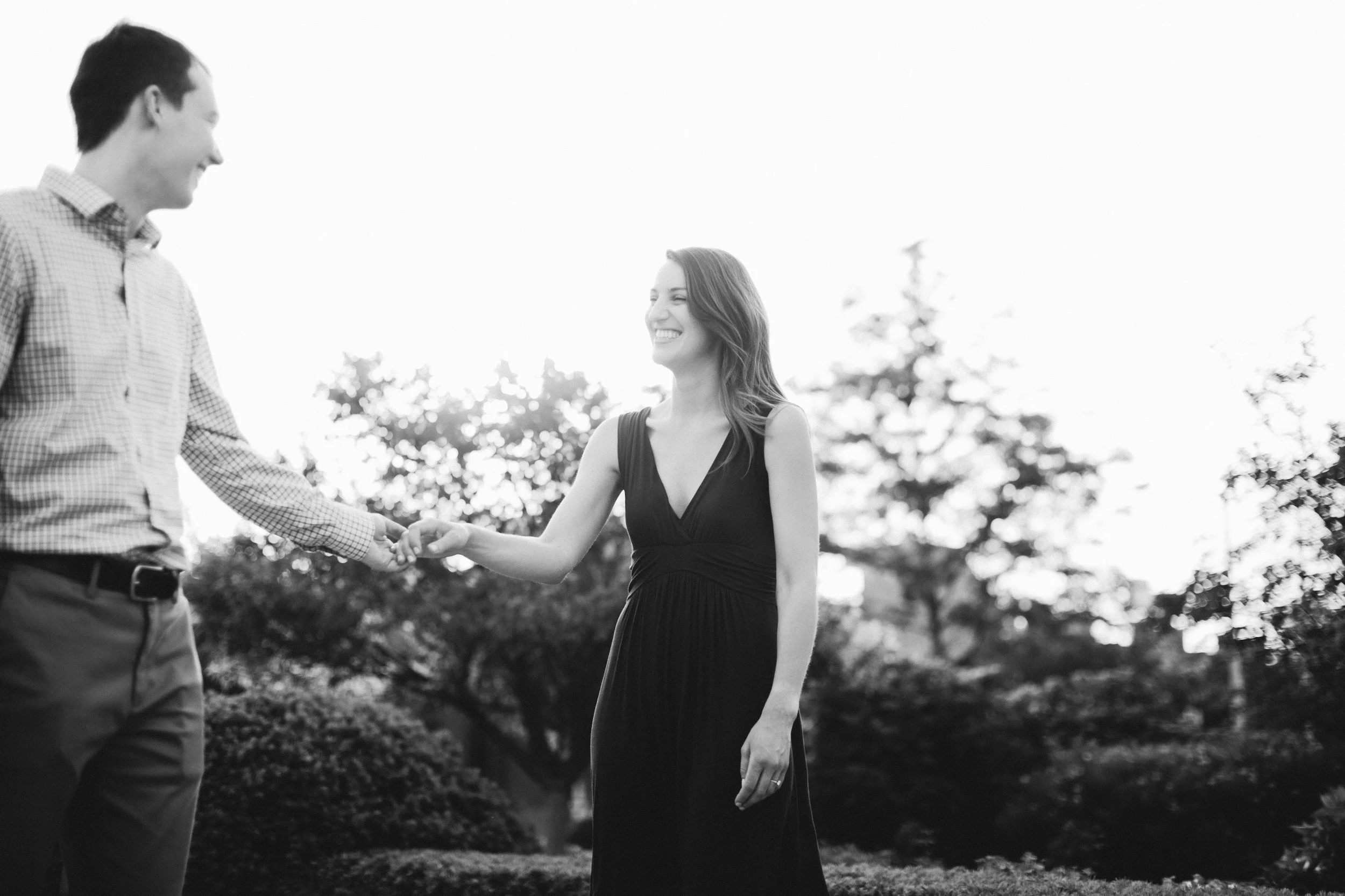 classic black and white engagement photos in Des Moines Botanical Gardens