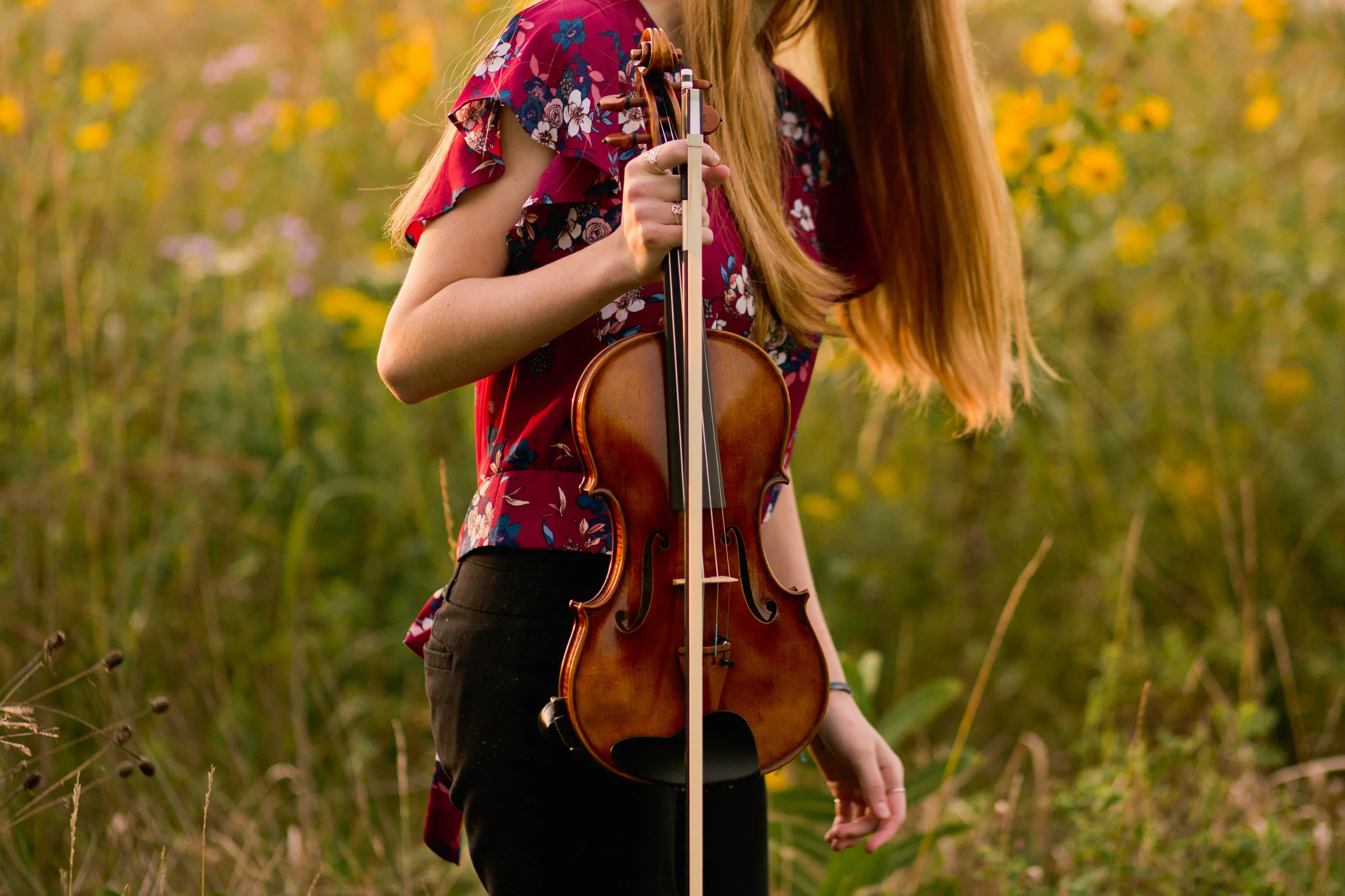 senior photos with violin and in field of flowers