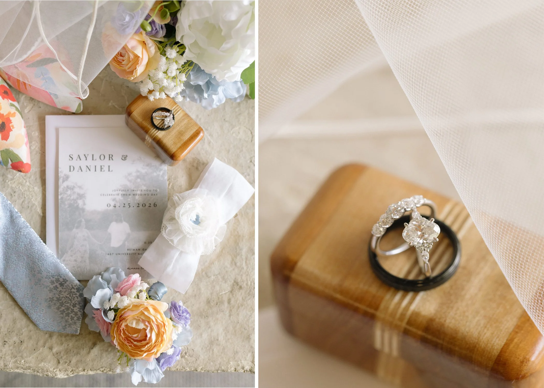 floral wedding details and rings