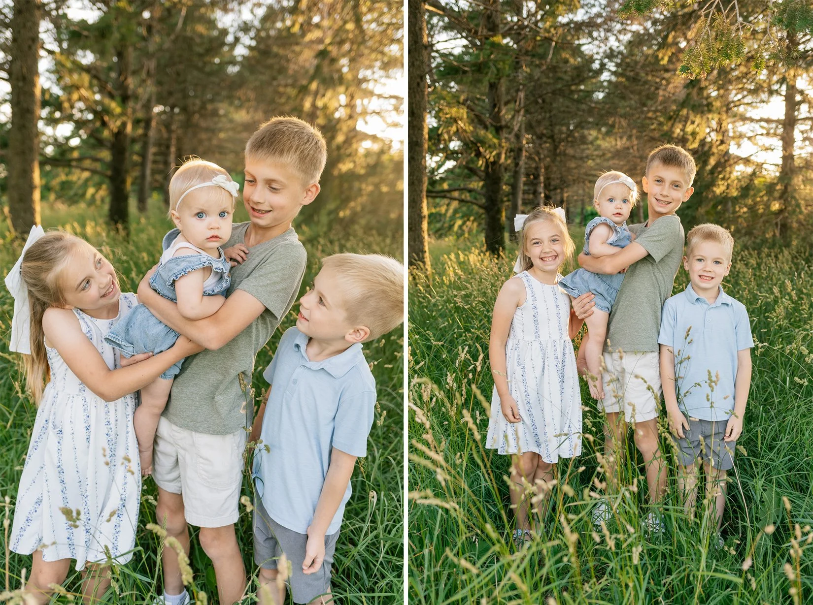 4 kids standing in tall grass at sunset