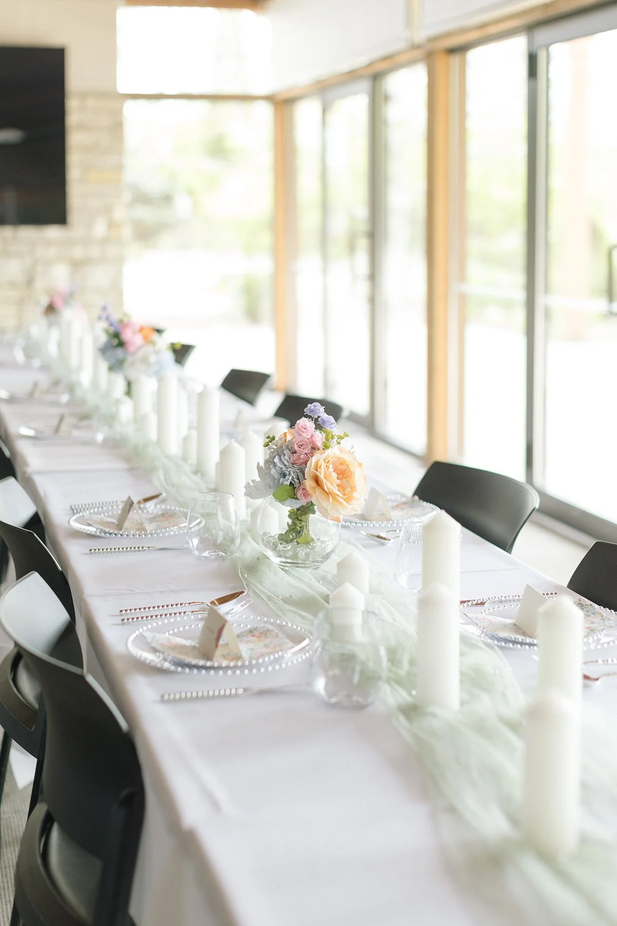 pearl and floral wedding table setting gardens ames iowa