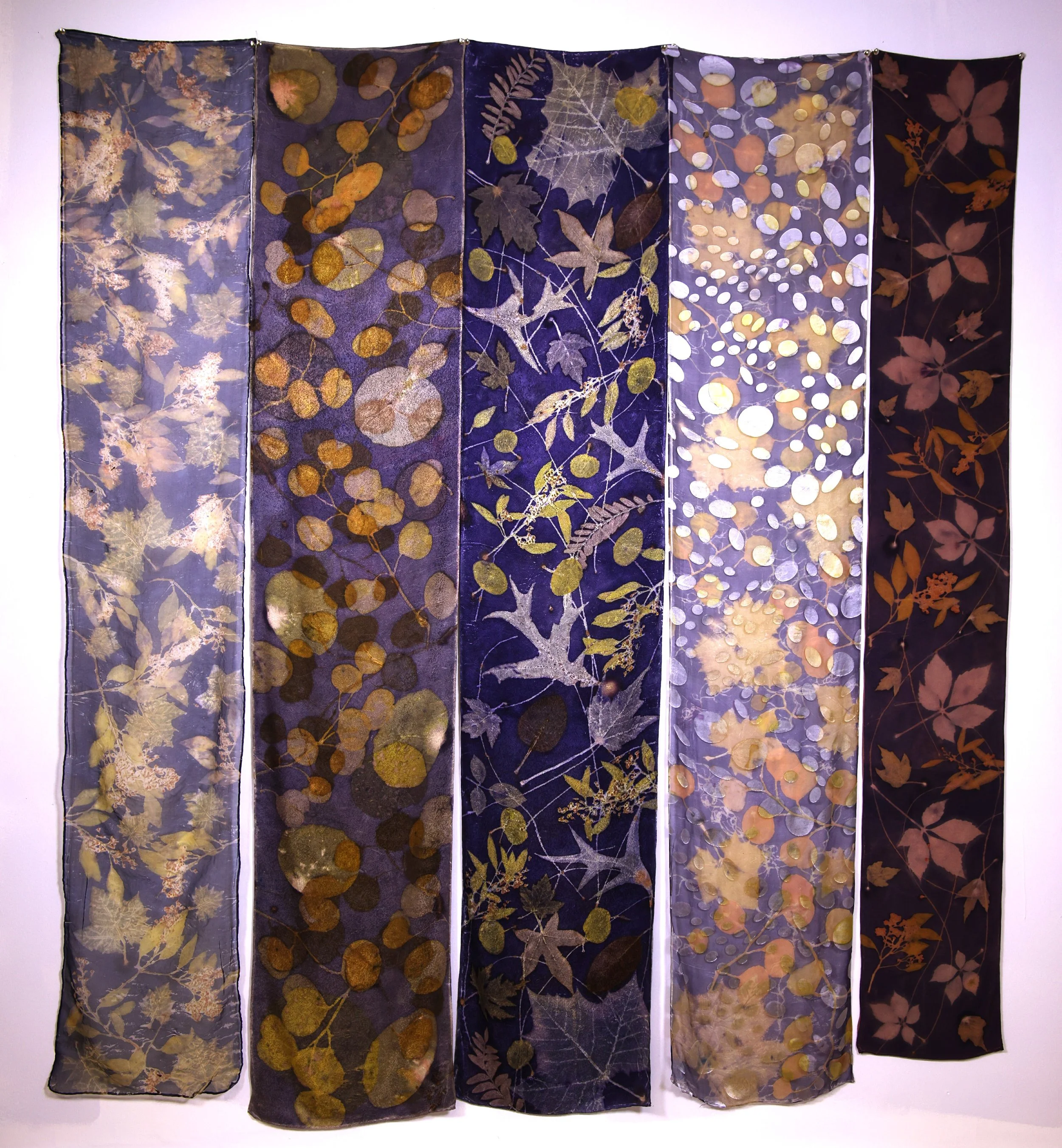 Silk scarves dyed in Logwood Blue with local botanicals.