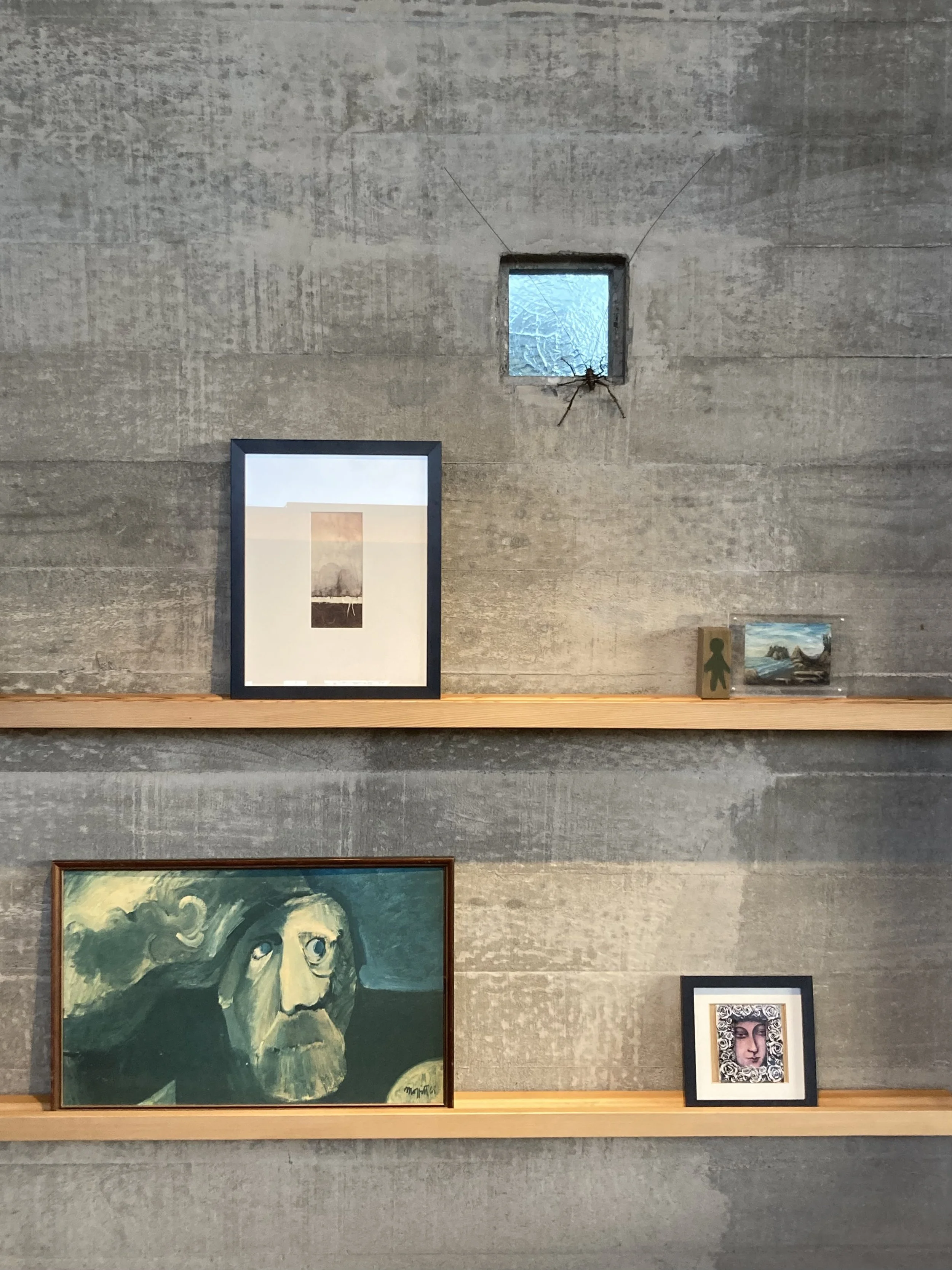 Concrete wall with two wooden shelves displaying framed artwork, a small painting, and a sculpture. A small window with cracked ice and a spider inside is positioned above the shelves.