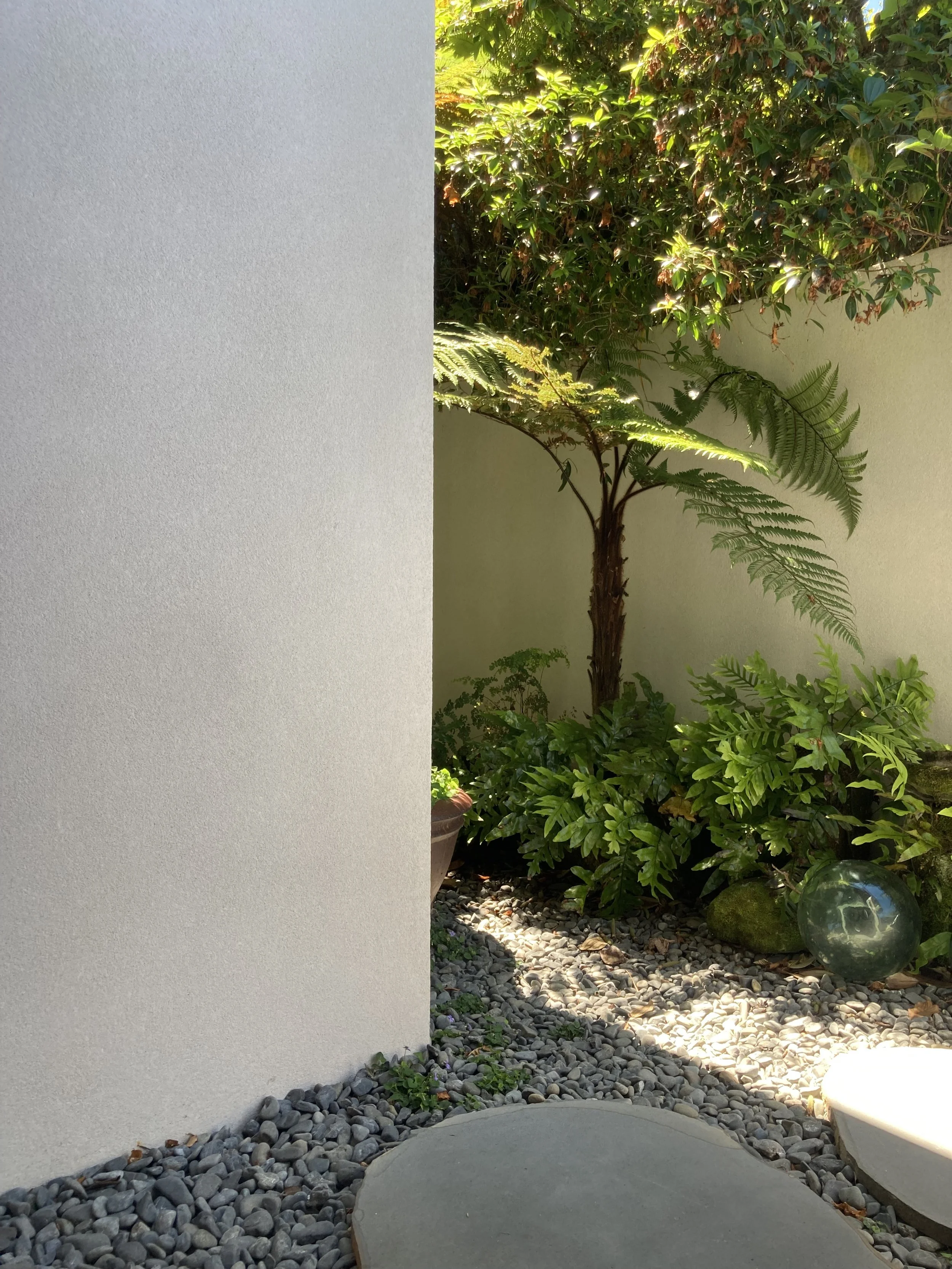 A small garden scene with a tree and various plants next to a white wall. There is a large glass ball, petunias, and a rock in the garden, with pebbles covering the ground.