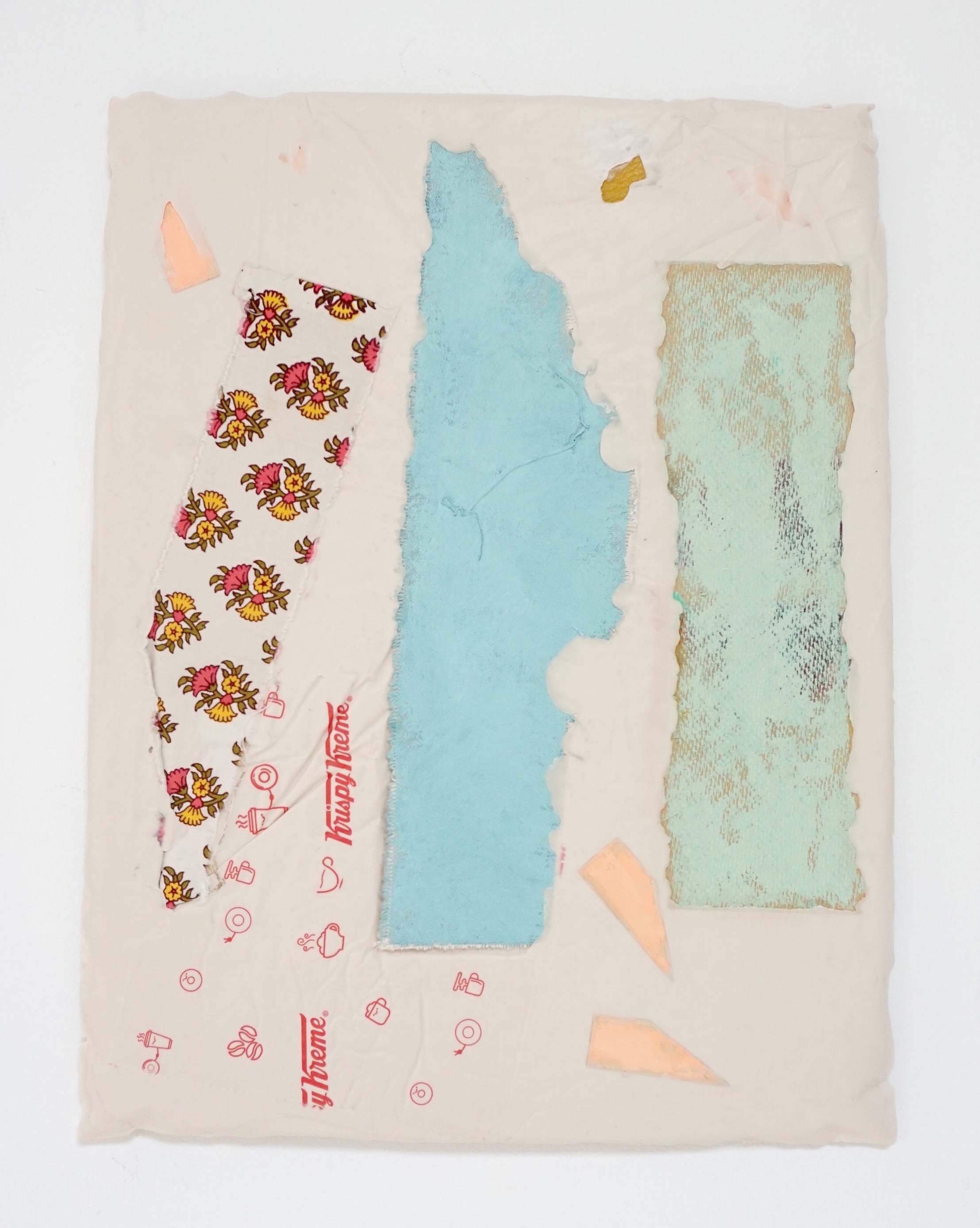 Untitled Fragment (found fabric, Krispy Kreme wrapper, pink wedges, canvas, wood) | Composite and Mixed Media | 42 x 32 cm