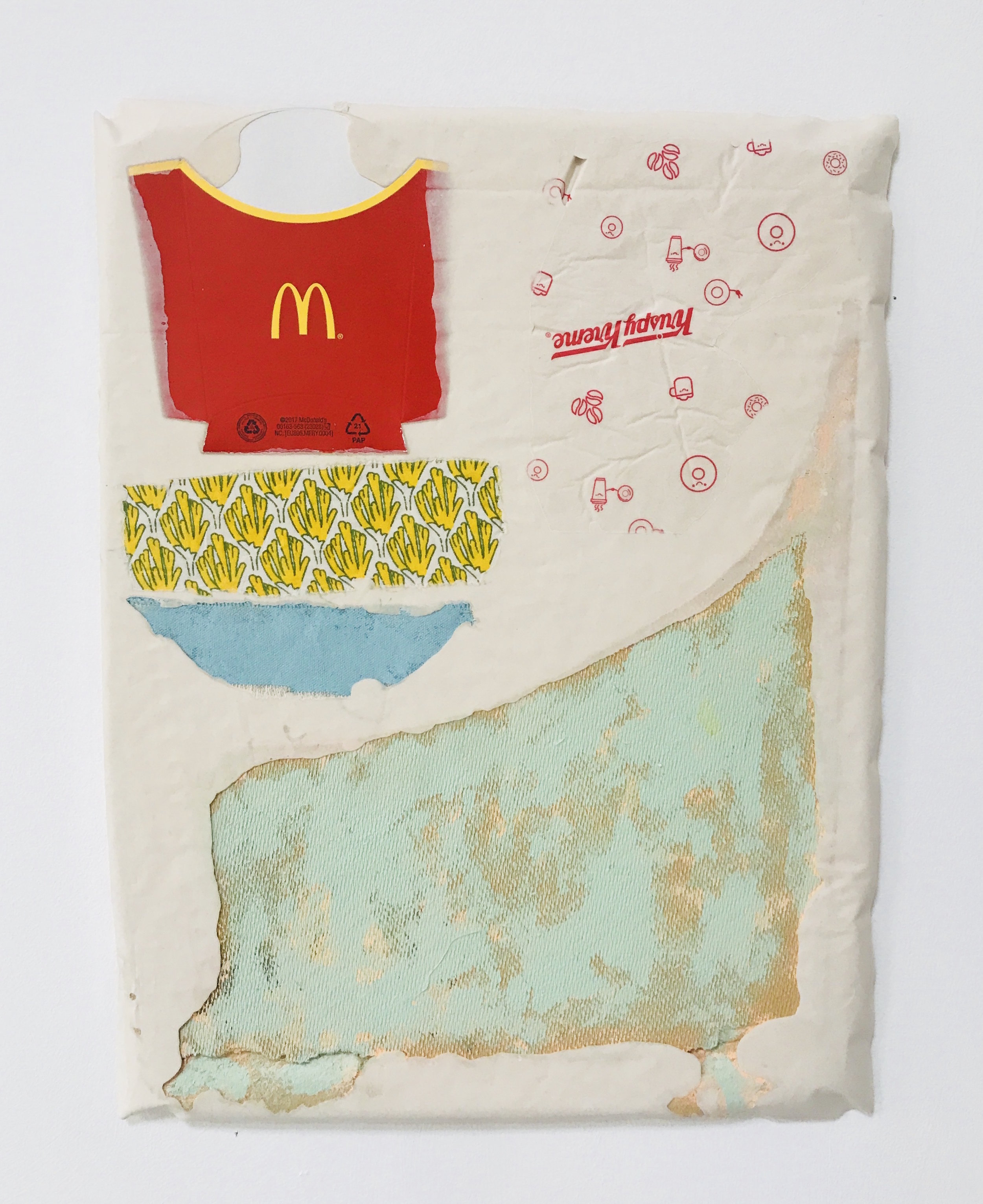 Untitled Fragment (found fabric, Krispy Kreme wrapper, canvas, wood, Mcdonalds chip packet) | Composite and Mixed Media | 42 x 32 cm 