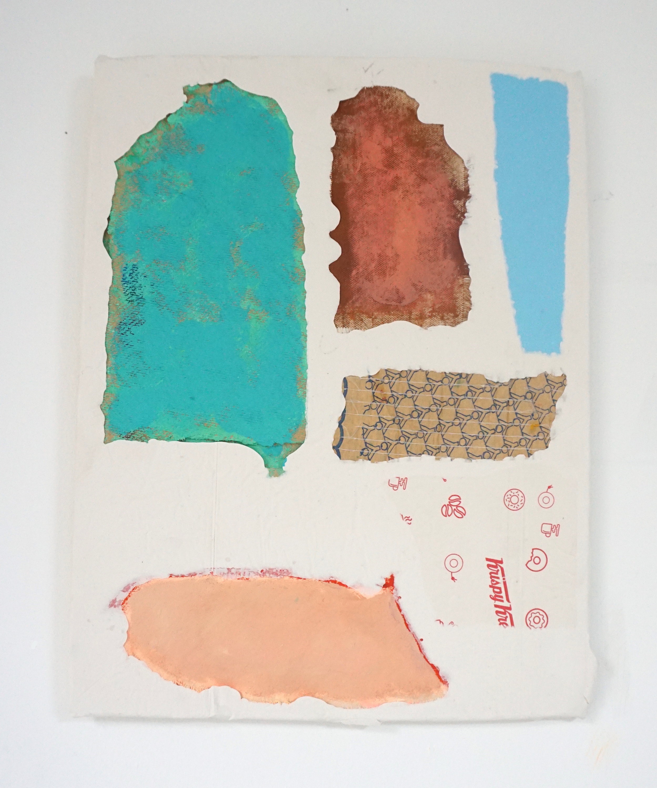 Untitled Fragment (canvas, found painted wood, carpet underlay, pvc, Krispy Kreme wrapper) | Composite and Mixed Media | 42 x 32 cm