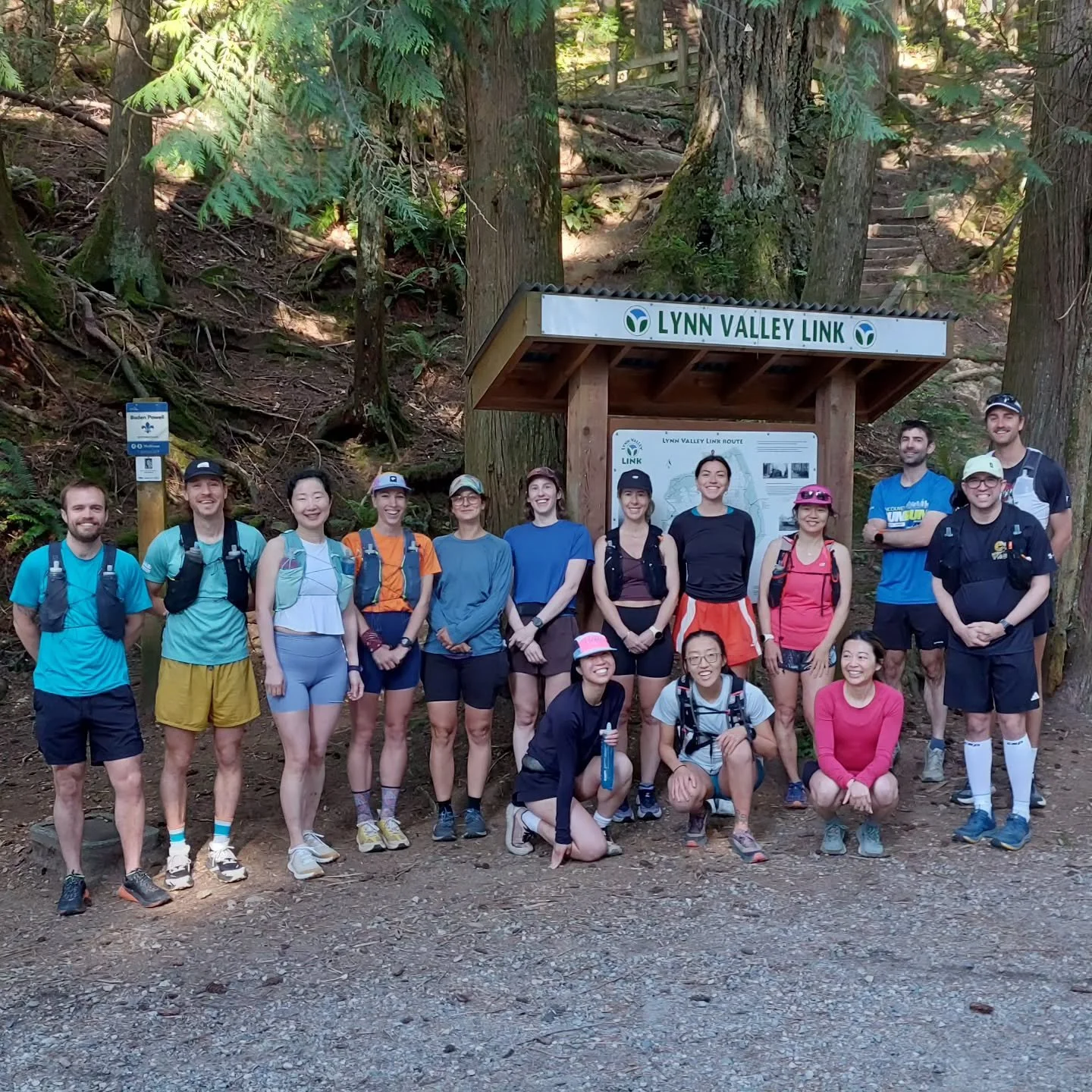 The Happy Trails group ready to tackle coach Dimitri's loop as he covered for @davidbandiera this weekend. Decent amount of technical down &amp; up and plenty of runnable trails too. One coyote sighting, and a few friendly flybys on Mountain Highway.