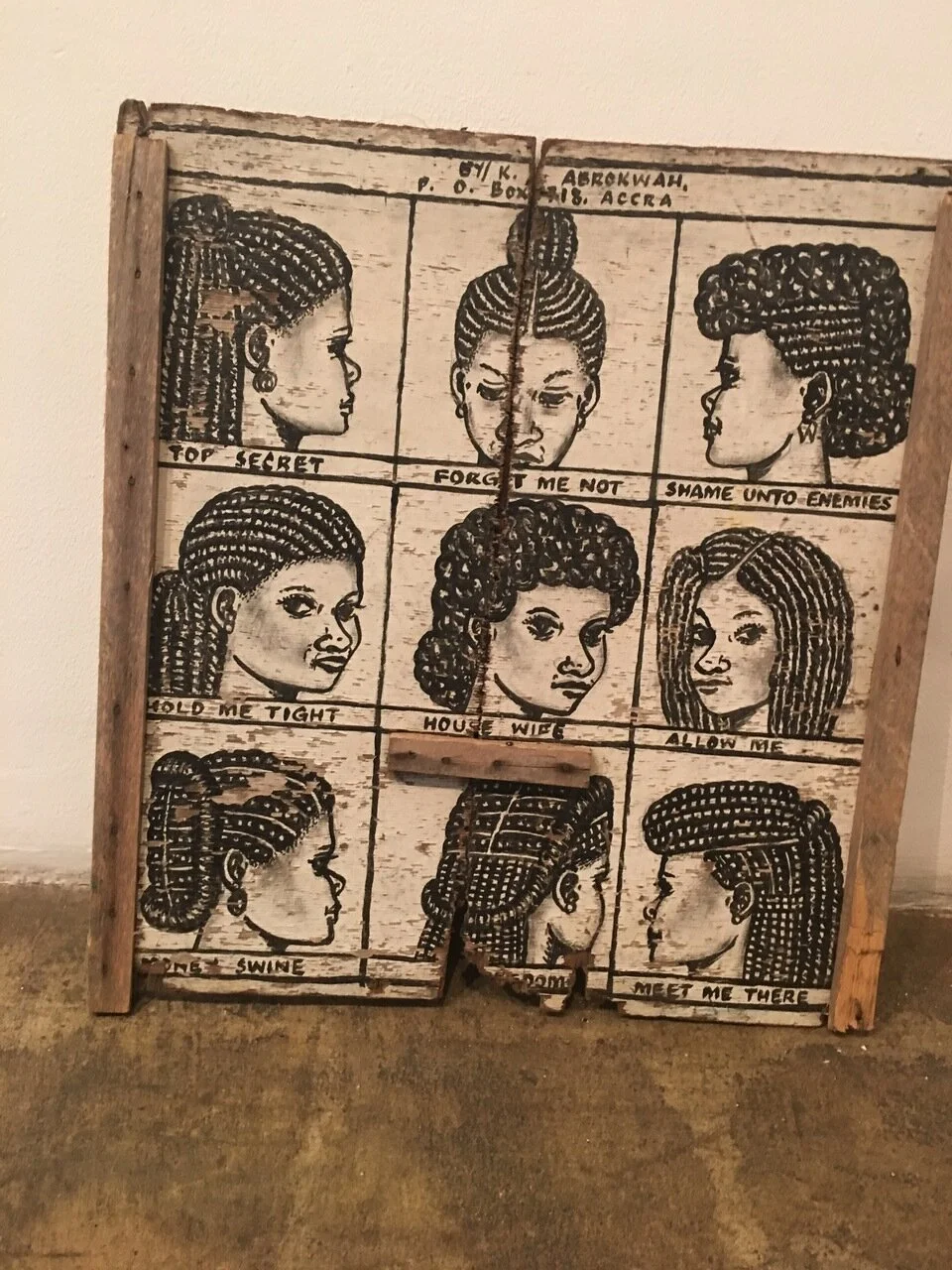 Braided styles hairdressing double-sided sign, c.early 1990s, K. Abrokwah, Accra, Ghana, paint, wood, 21" x 20"