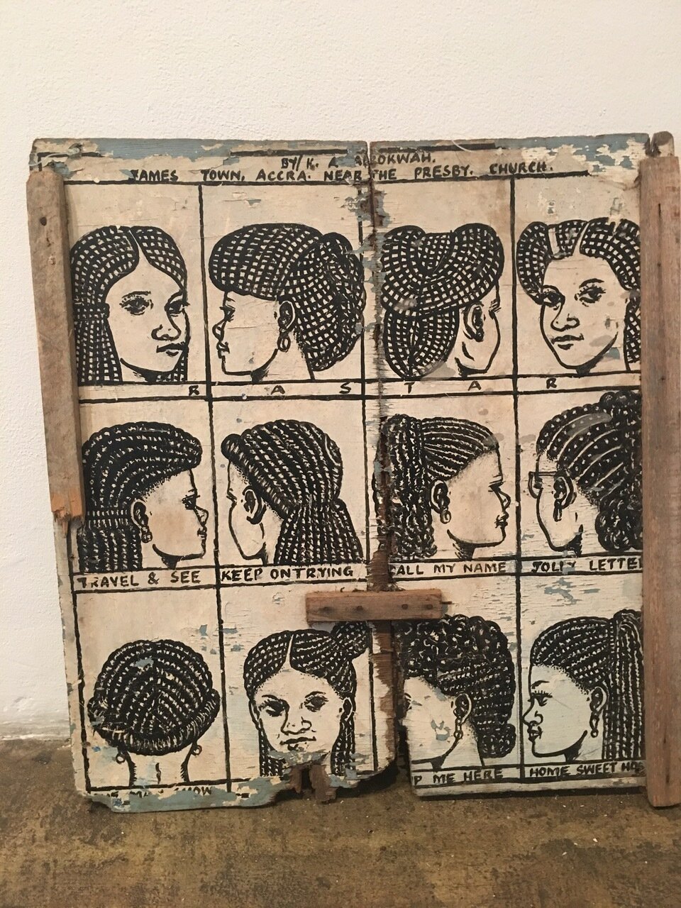 Braided styles hairdressing double-sided sign, c.early 1990s, K. Abrokwah, Accra, Ghana, paint, wood, 21" x 20"
