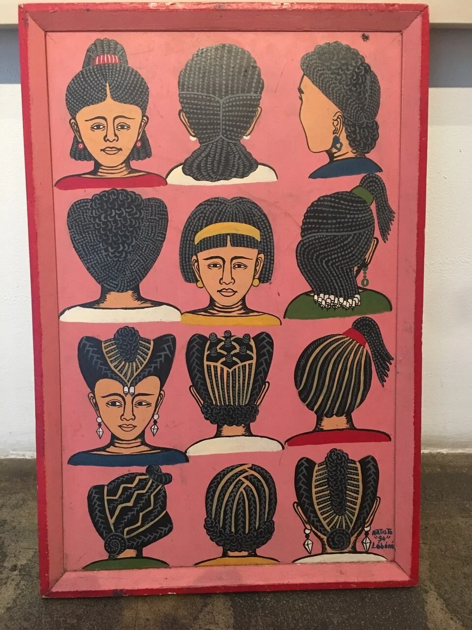 Braided styles hairdressing sign, 1994, Lebene, Togo, paint, wood, 24" x 16"