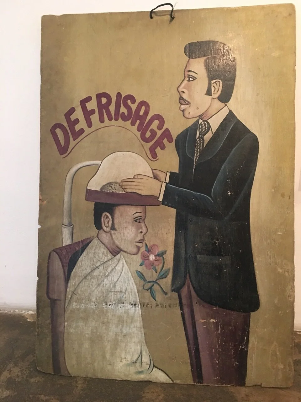 De Frisage hairdressing sign, c. late 1970s-early 1980s, BP Konan, Ivory Coast, paint, wood, 42" x 29"