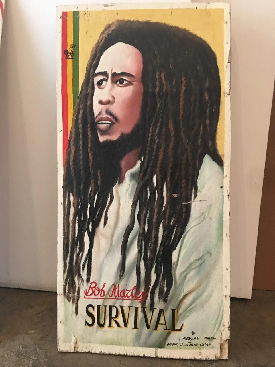 Bob Marley Survival barbershop sign, 2001, Farkira, Ghana, paint, wood, 37" x 18"