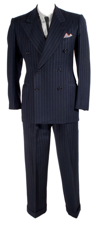 1940's blue double breasted wool suit with chalk stripe. You can purchase this vintage suit for $399- from Ballyhoo Vintage Clothing