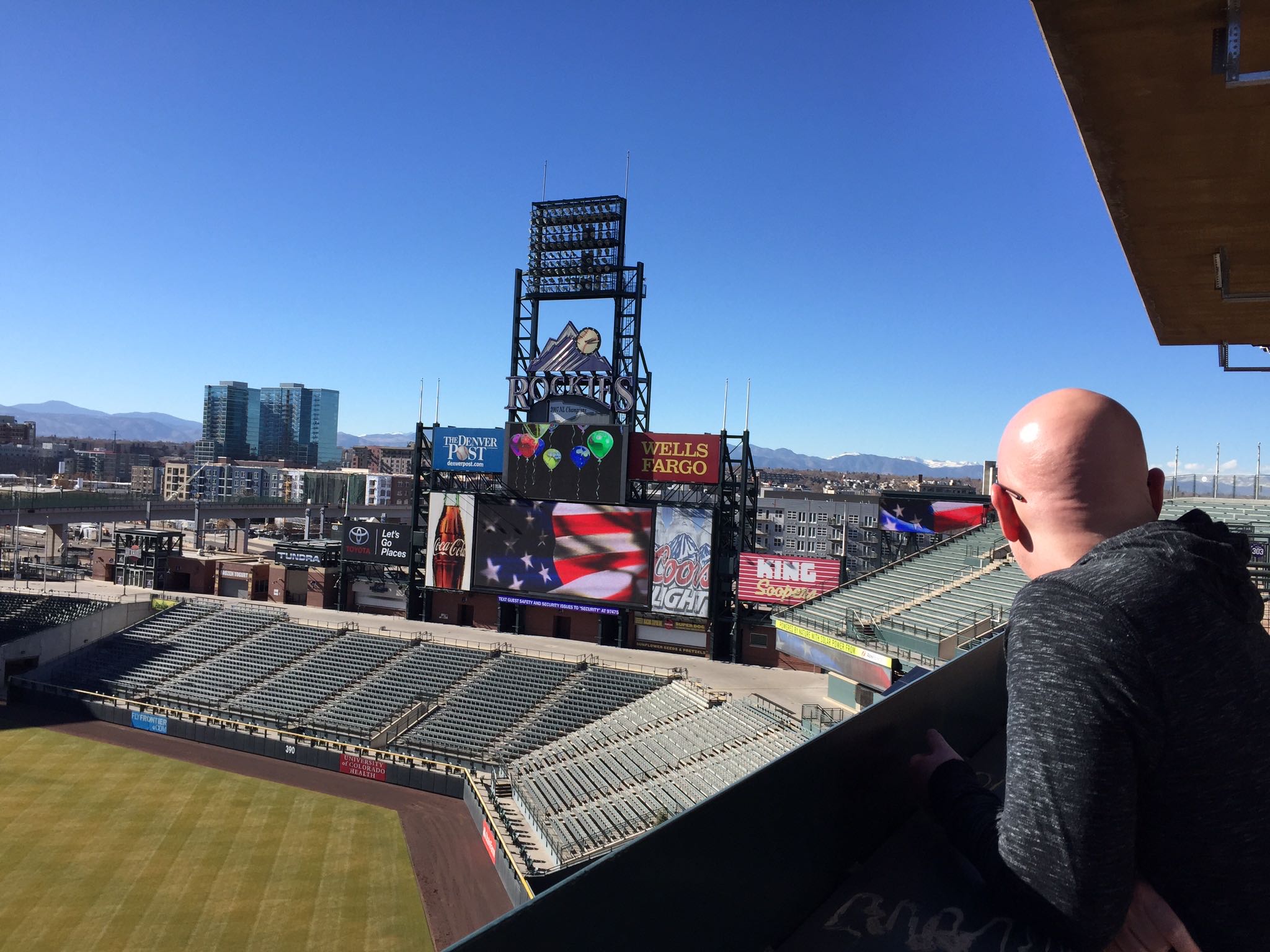 Michael checks out the LED testing on the scoreboard at Coors Field. The view of the mountains to the North is grand.