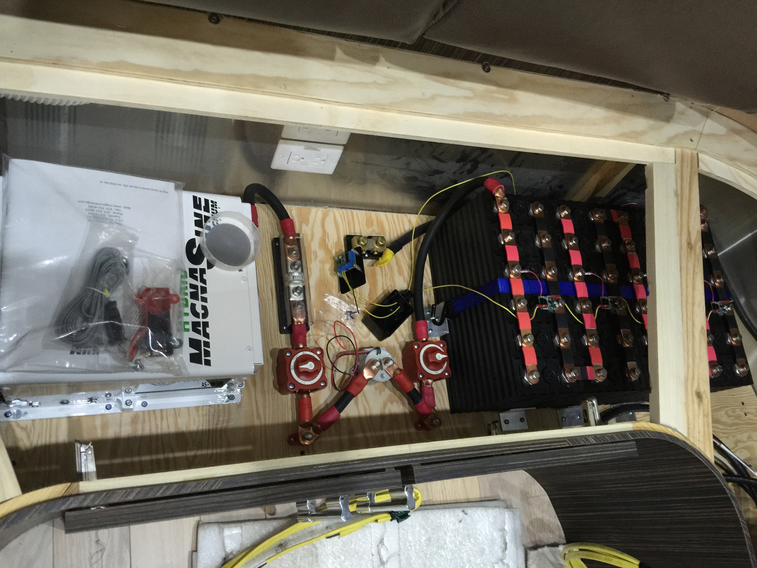 Being installed: Magnum 3000-watt hybrid inverter, and 6 banks of lithium power cells (100 amp-hours each).
