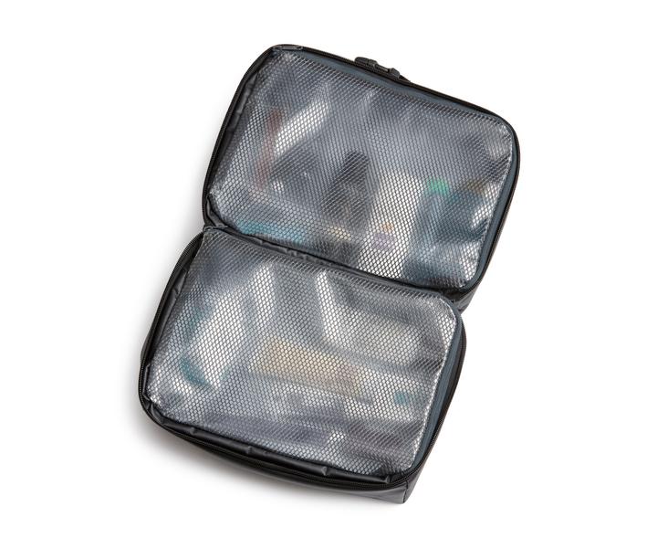 It has clear mesh bonded TPU that allows you to see the content inside. It's fully wipeable.