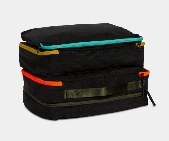 they can be stored inside of each other. The three different sizes and shapes gives you various packing options.