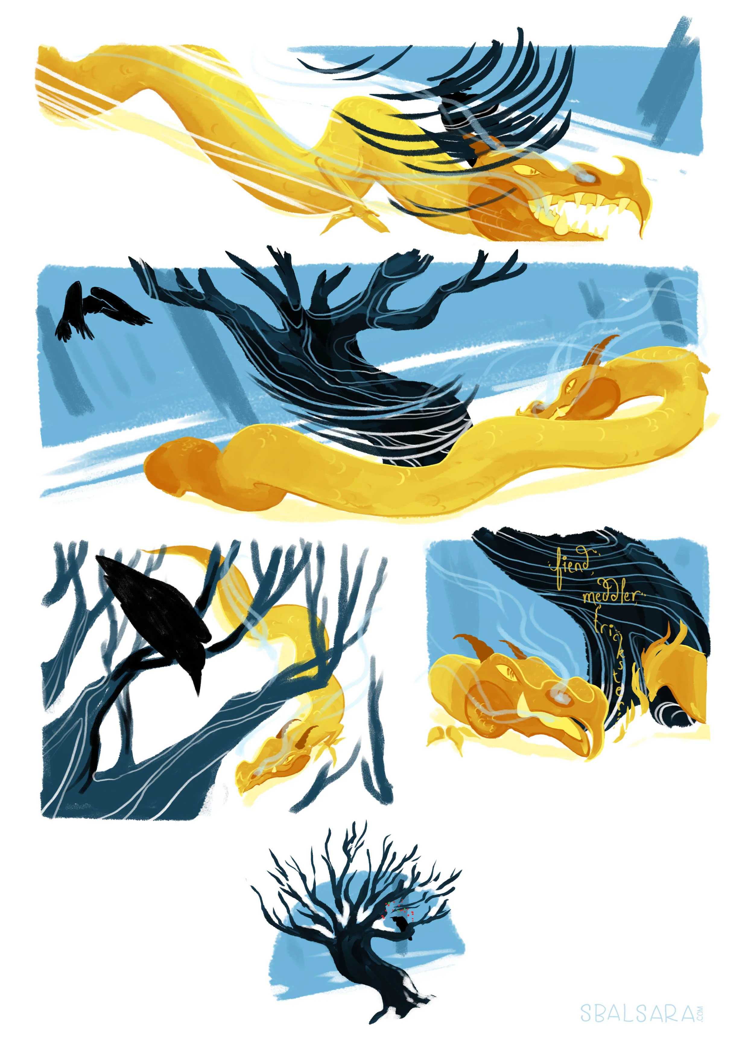 I SURE DID DO IT. AGAIN. This took way less time than the last one but also it is way simpler than the last one. It's sort of based on the Greek myth with Apollo chasing the nymph but i like dragons and ravens more than I like Apollo.