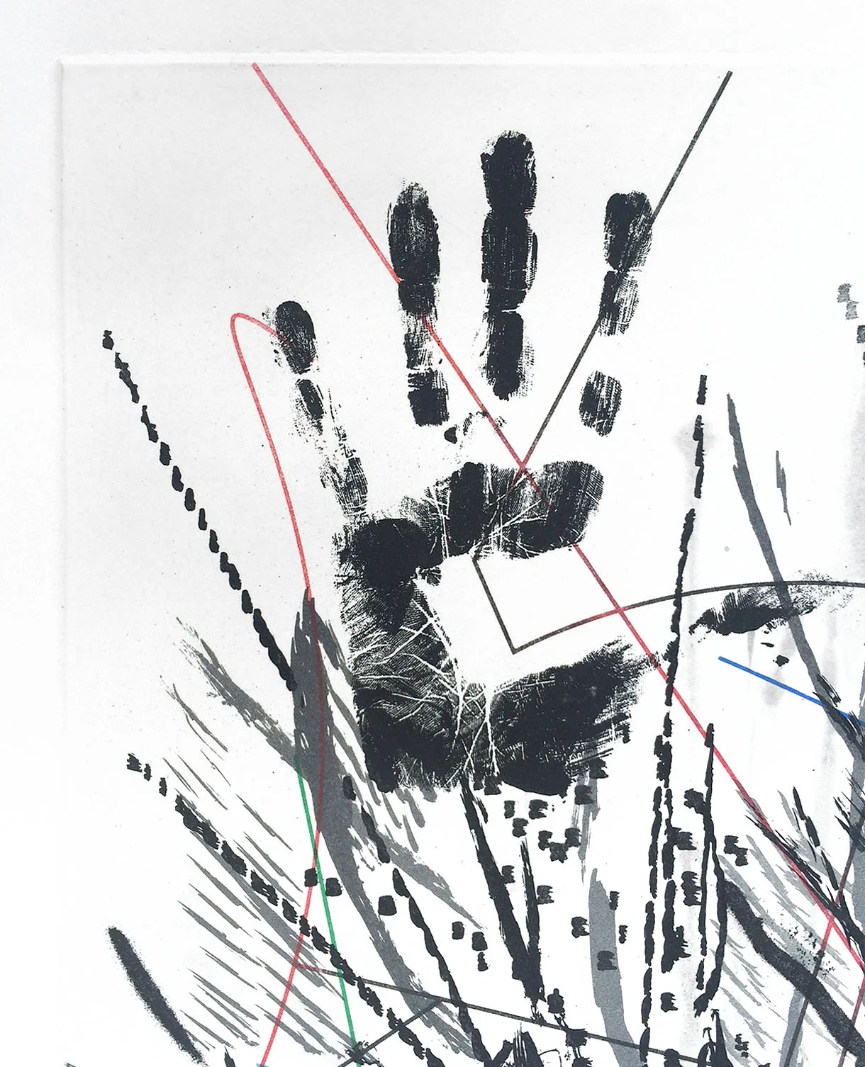 Detail. In addition to making marks with paintbrush, sticks, and airbrush, Mehretu used her hands and arms to attack the surface.