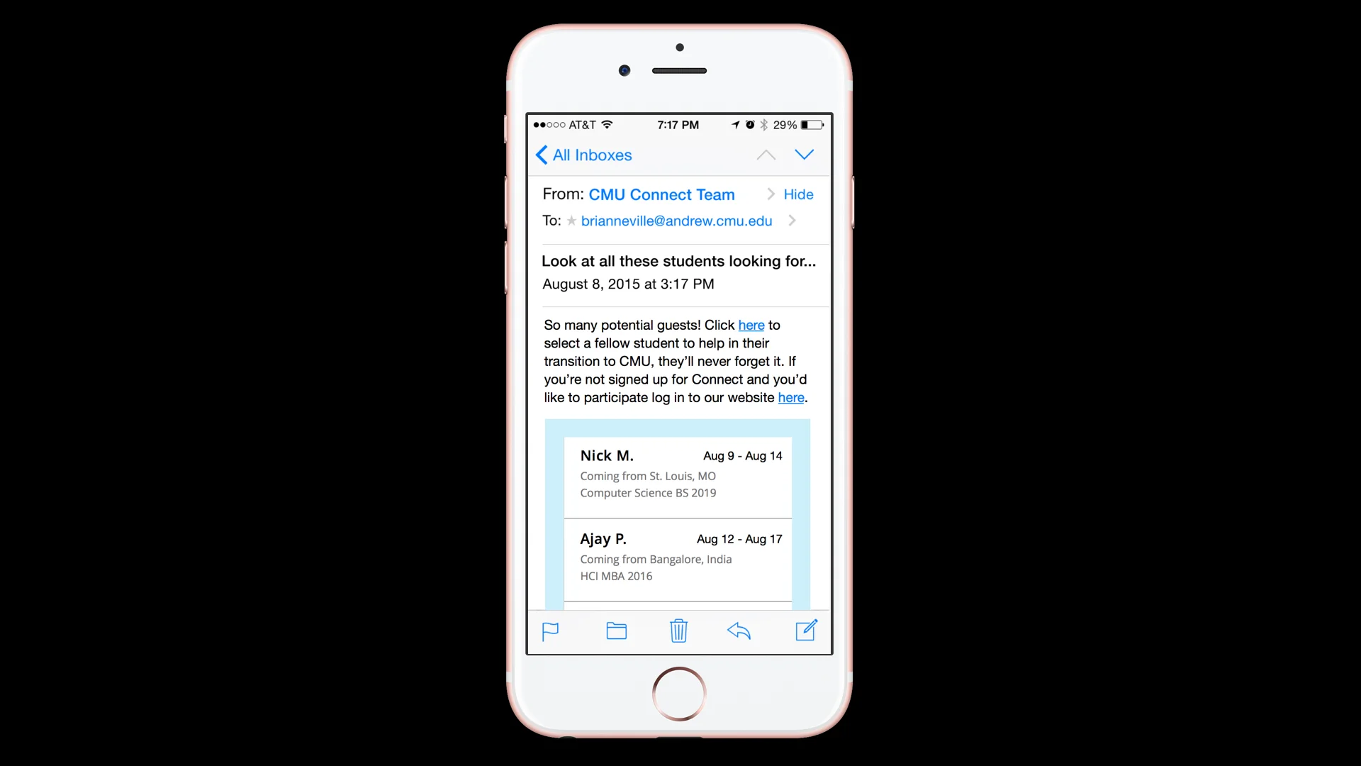 A few days later, his phone dings with a new email. It’s a newsletter from Connect with a list of students who are looking for a place to stay. He clicks on the login link…