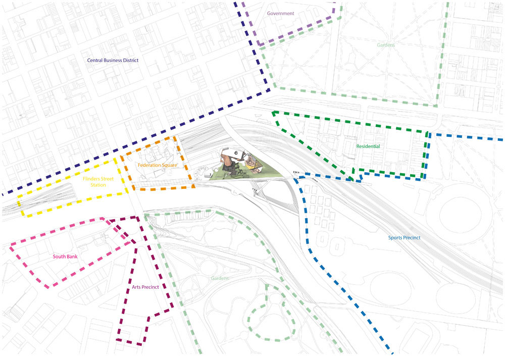 The centre sites itself at the prominent site of Birrarung Marr. Nestled between the CBD , sports precinct, arts precinct and Gardens. The project has opportunities to create a very public face within a prominent and often traversed site. 