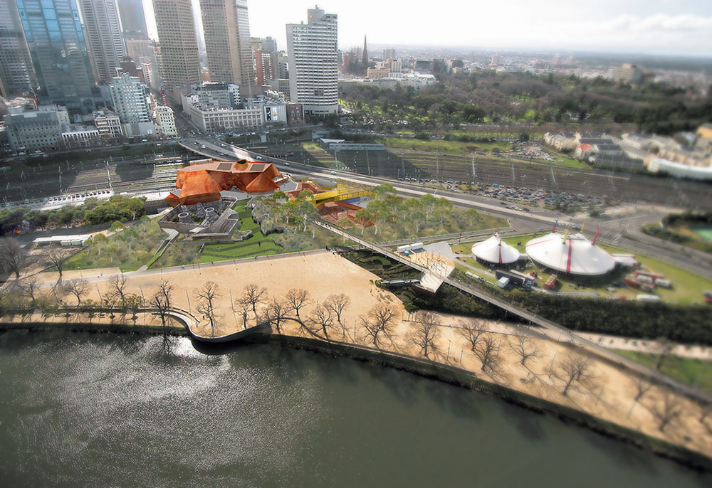 The project proposes a mixed use civic centre containing a small Australian landscape museum, public community facilities such as library as well as private office and retail. The site was once made up of mainly the Jolimont rails and Bearepairs Pool. With all remnants of what once was indigenous land destroyed. The name Birrarung is Aboriginal for “river of mist” which is what the Yarra is called and Marr means “on the side”. The name Birrarung Marr was adopted after the new design built in 2002, by TCL. Before this time it was not known as Birrarung Marr but perhaps self-consciously applied by planners trying to incorporate some expression of aboriginal presence. 