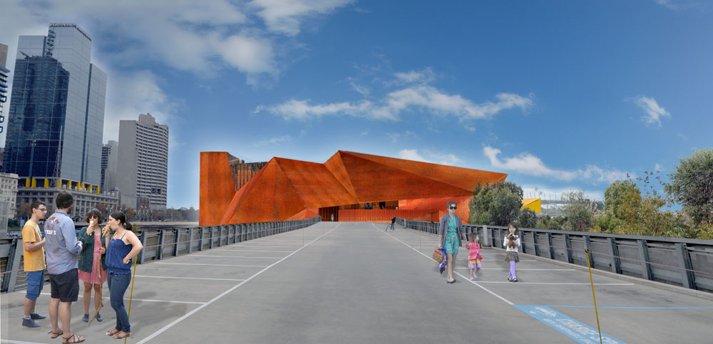 So now we will begin our journey within the centre, starting at the Federation Square entry, often used for bus drop-offs of tourists and school groups. As we walk across this curious existing carpark landscape we are greeted by a large foreign object inserted within the landscape, both its placement and material evoke imagery of the Australian outback. Its material qualities age with beauty as the natural world imparts its marks and stains upon it throughout its life, somewhat of a tracing of its immediate natural environment. While appearing as this monolithic object within the landscape, there are moments of exposure within the façade as we view cuts mullions and glass exposed much like the CBD landscape across the large trench of train tracks. Other openings offer outdoor balcony space for the floors above while below an opening intrigues the unknowing viewer within, for there are no clues or hints visible about what lies within. 