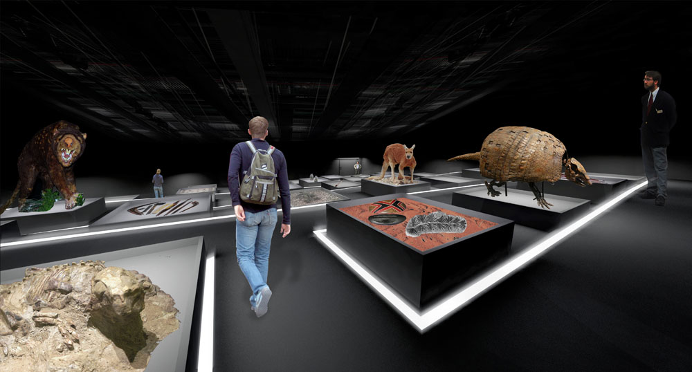 As we move inside we deposit our belongings within the lockers provided and continue towards the landscape museum exhibits. A series of plinths are revealed with artefacts of the Australian landscape placed on top, this is a space that is all about the exhibits and artefacts themselves. The walls and roof and floor start to blur away with only down lights and strip lighting indicating a pathway to navigate through the space. As we continue through the topography starts to slope down eliciting a sense of journey with the plinths and exhibits following along with it. As we look forward we see a large heavy door once again with no indications of what may lie behind it. It is through this threshold that we continue our experience.