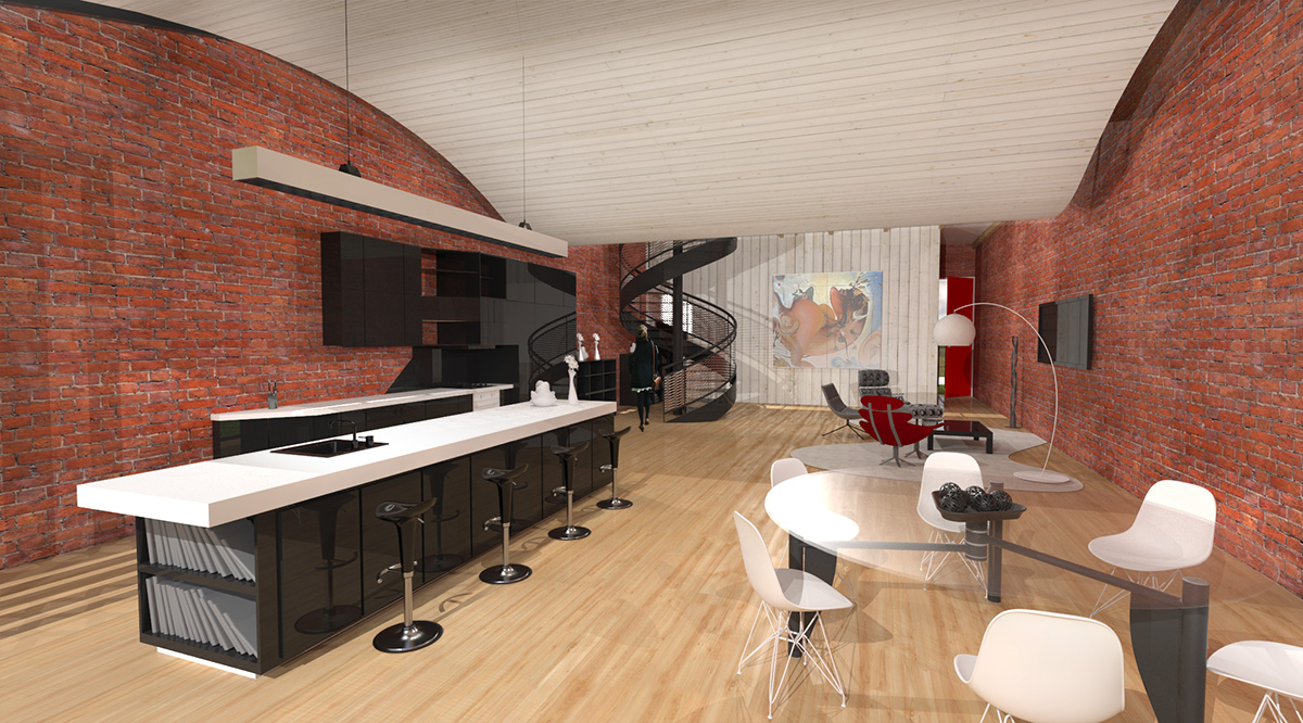 The Kitchen adopts a contemporary contrasting aesthetic to the existing brick walls, while utilising beautiful designer furniture and fittings. With views and acoustics to the upper loft area obscured.