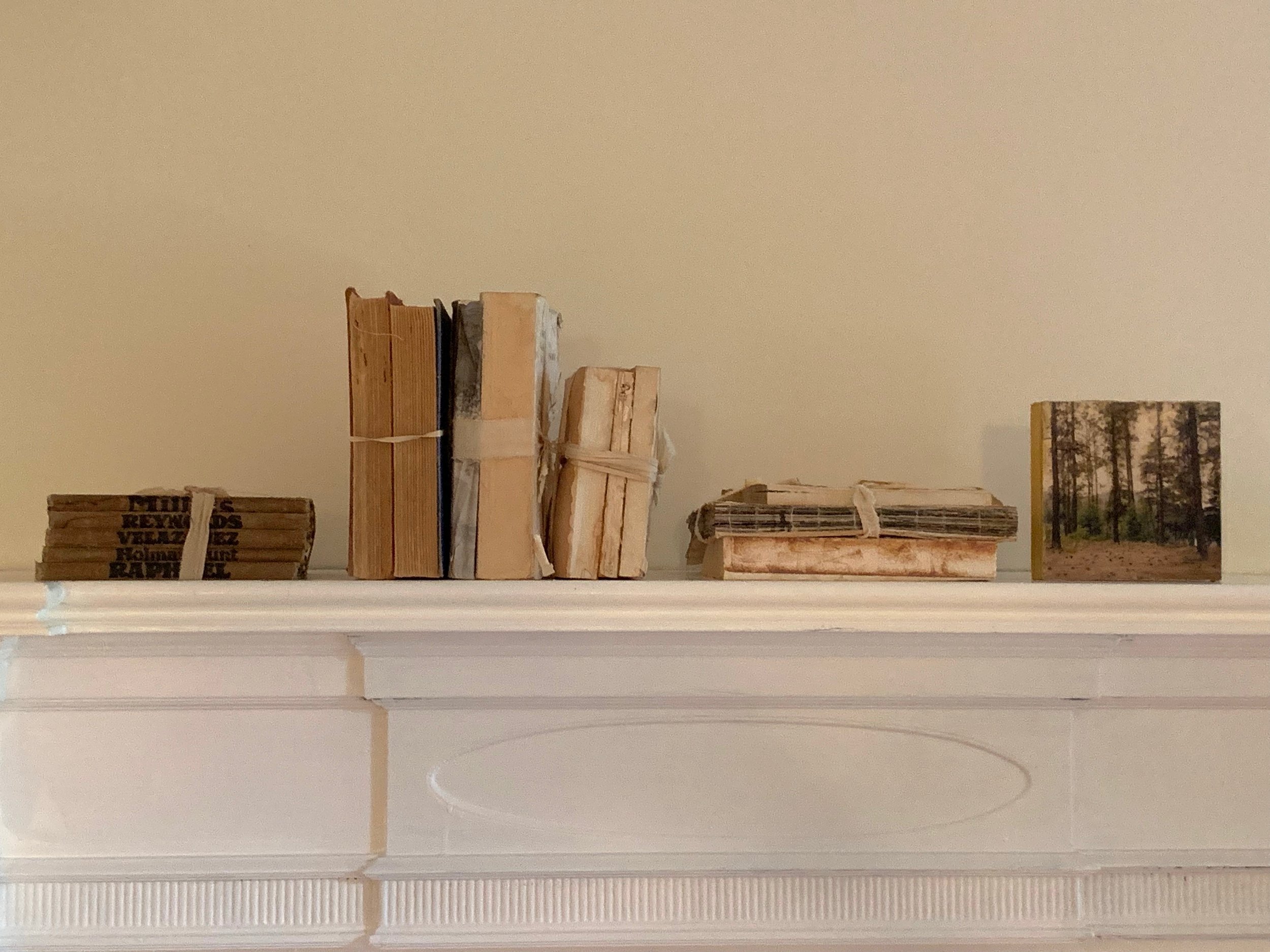 Old books on Mantel and Encaustic Print  5x5 inches