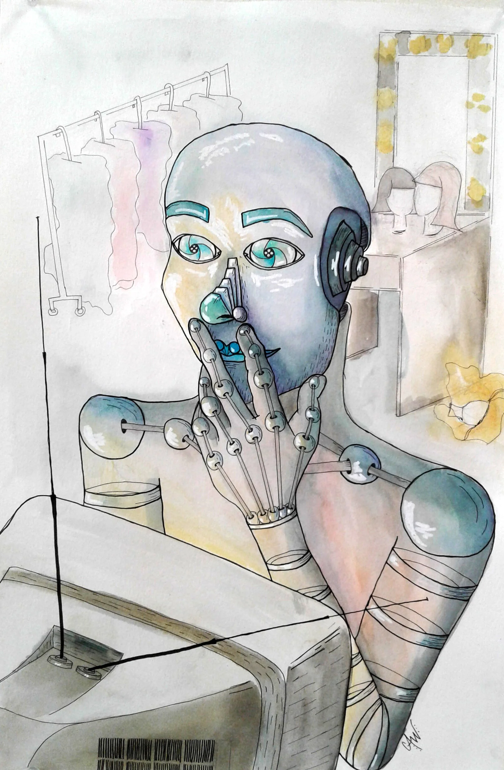 Robot Self-Portrait, Ink blocks & watercolor, 18 x 24", 2019. By Cyerra Wilburn